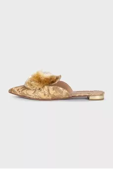 Beige mules with embroidery and pompom
