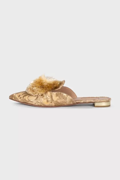 Beige mules with embroidery and pompom