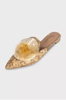 Beige mules with embroidery and pompom
