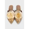 Beige mules with embroidery and pompom