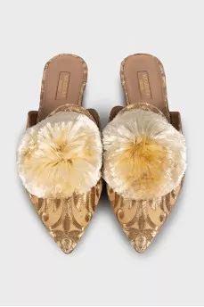 Beige mules with embroidery and pompom