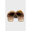 Beige mules with embroidery and pompom