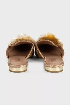Beige mules with embroidery and pompom