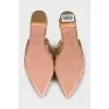 Beige mules with embroidery and pompom