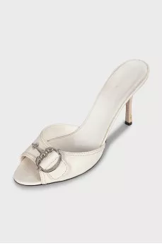 White leather heeled mules