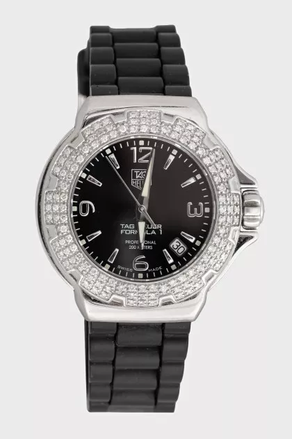 The watch is decorated with diamonds