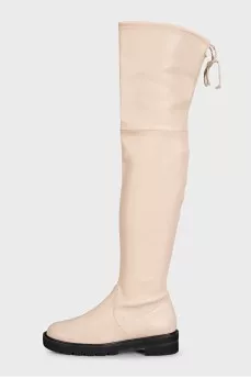 Beige leather over-the-knee boots with laces