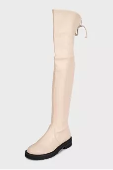 Beige leather over-the-knee boots with laces