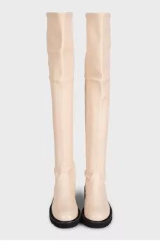Beige leather over-the-knee boots with laces