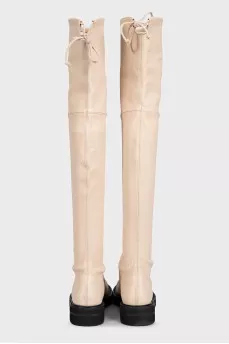 Beige leather over-the-knee boots with laces