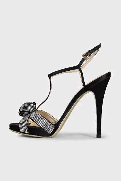 Black textile sandals with rhinestones