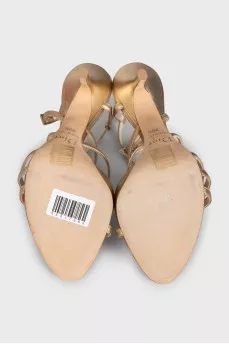 Gold-color leather heeled sandals