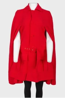 Red wool cape with belt buckle