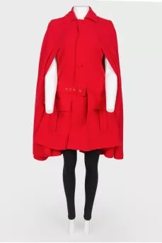 Red wool cape with belt buckle