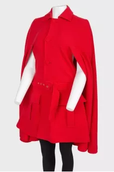 Red wool cape with belt buckle