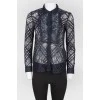 Navy Blue Lace Button Down Blouse