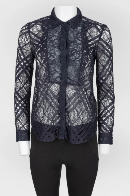 Navy Blue Lace Button Down Blouse