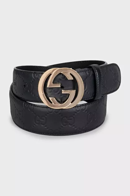 Black leather belt with embossed signature print