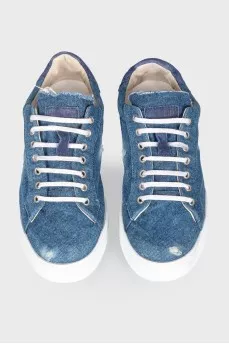 Men's leather denim insert sneakers