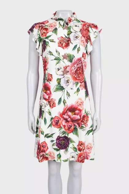 White dress with floral print and decoration