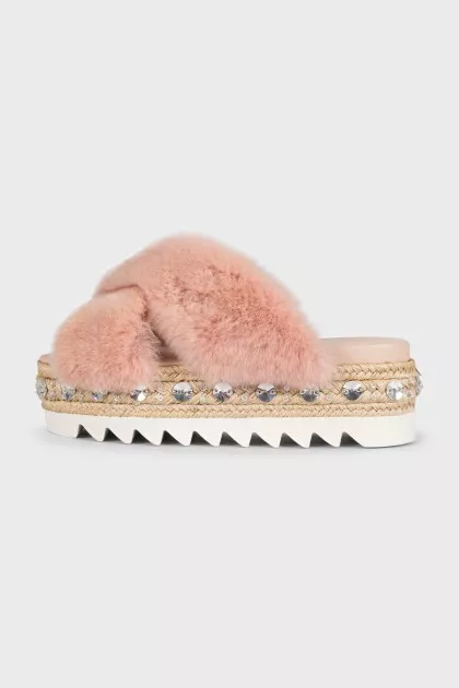 Pink flip flops with embellished platform