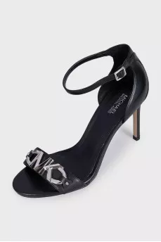 Black leather sandals with silver logo