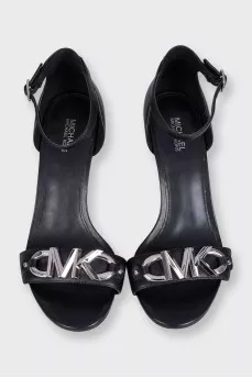 Black leather sandals with silver logo