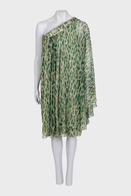 One-shoulder green silk dress