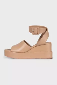Beige leather wedge sandals