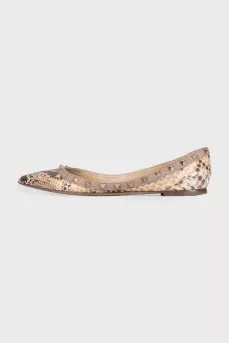 Rockstud Beige Snakeskin Print Ballet Flats