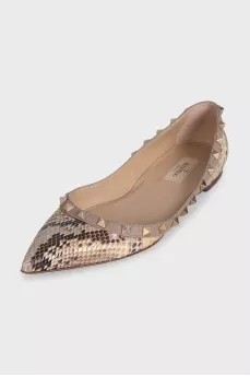 Rockstud Beige Snakeskin Print Ballet Flats
