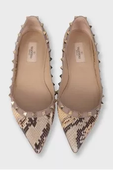 Rockstud Beige Snakeskin Print Ballet Flats