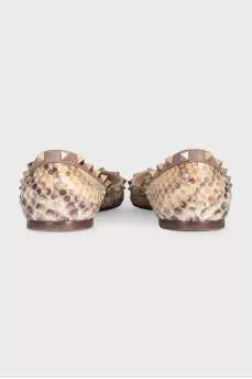 Rockstud Beige Snakeskin Print Ballet Flats