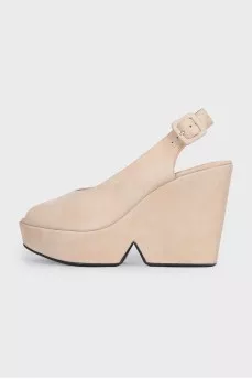 Beige suede high wedge sandals