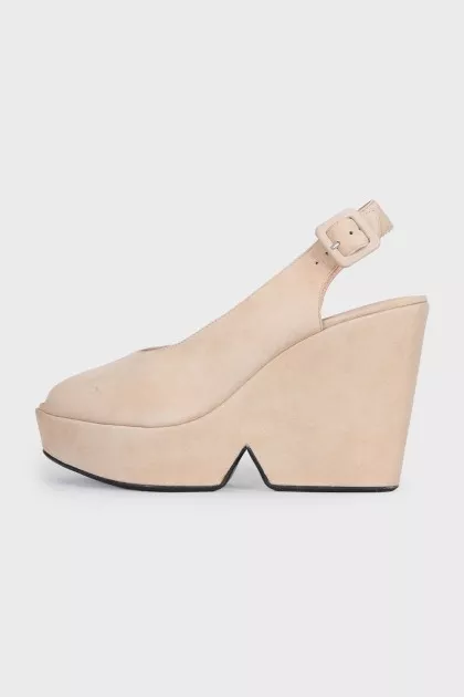 Beige suede high wedge sandals