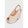 Beige suede high wedge sandals