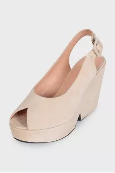 Beige suede high wedge sandals