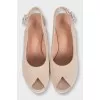 Beige suede high wedge sandals
