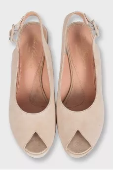 Beige suede high wedge sandals