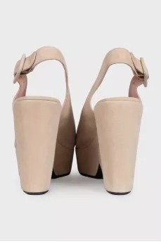 Beige suede high wedge sandals