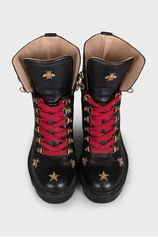 Leather ankle boots with gold embroidery