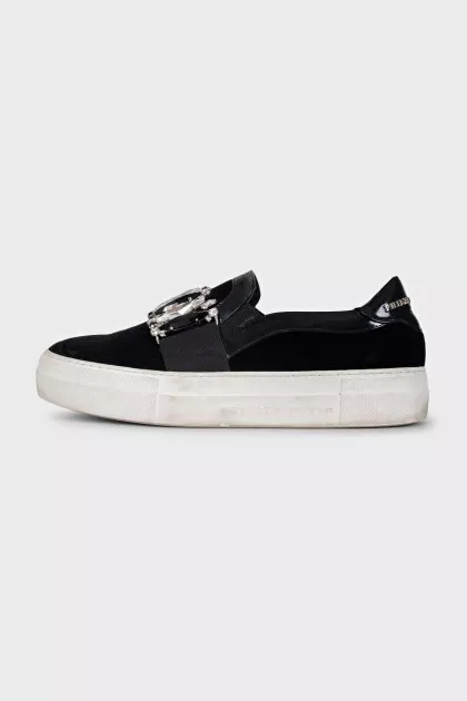 Velour slip-ons with crystals