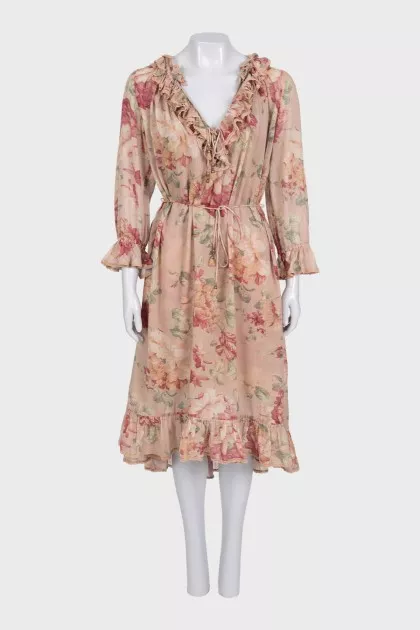 Floral print dress with ruffles and ties