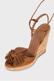 Suede lace-up wedge sandals