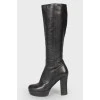 Black leather zipper heel boots