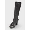 Black leather zipper heel boots