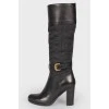 Black leather heeled textile insert boots