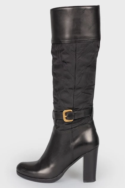Black leather heeled textile insert boots