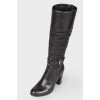 Black leather heeled textile insert boots