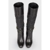 Black leather heeled textile insert boots
